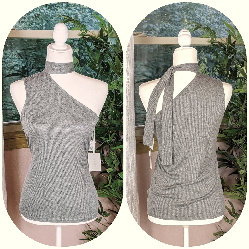 New! Gray Multi-Tie One Shoulder Sleeveless Top